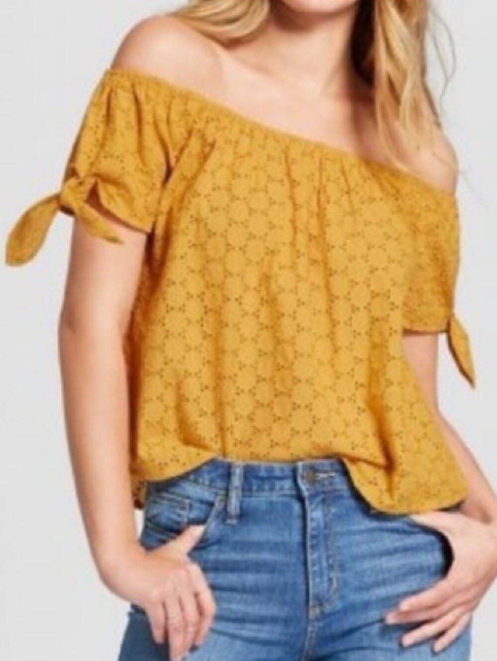 Universal Thread Mustard Off-Shoulder Eyelet Tie-Sleeve Top